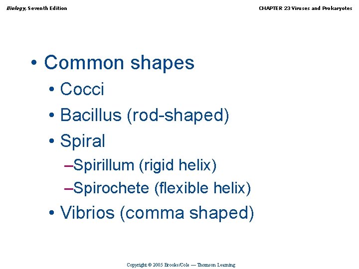 Biology, Seventh Edition CHAPTER 23 Viruses and Prokaryotes • Common shapes • Cocci •
