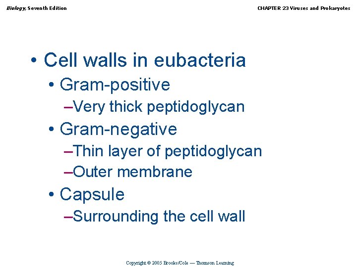 Biology, Seventh Edition CHAPTER 23 Viruses and Prokaryotes • Cell walls in eubacteria •