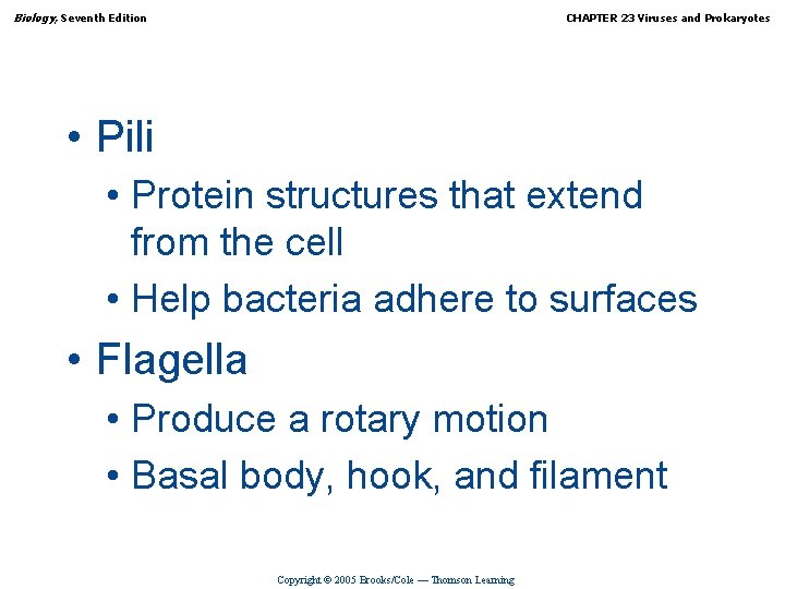 Biology, Seventh Edition CHAPTER 23 Viruses and Prokaryotes • Pili • Protein structures that