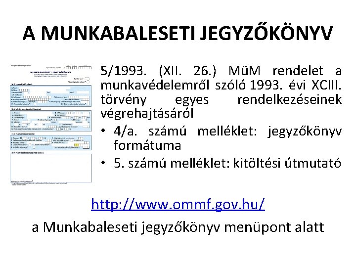 A MUNKABALESETI JEGYZŐKÖNYV 5/1993. (XII. 26. ) MüM rendelet a munkavédelemről szóló 1993. évi