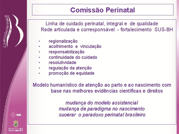 Comissão Perinatal Linha de cuidado perinatal, integral e de qualidade Rede articulada e corresponsável