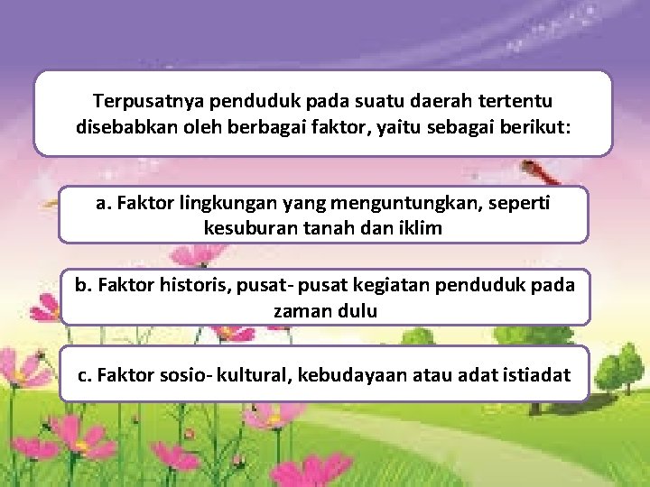 Terpusatnya penduduk pada suatu daerah tertentu disebabkan oleh berbagai faktor, yaitu sebagai berikut: a.
