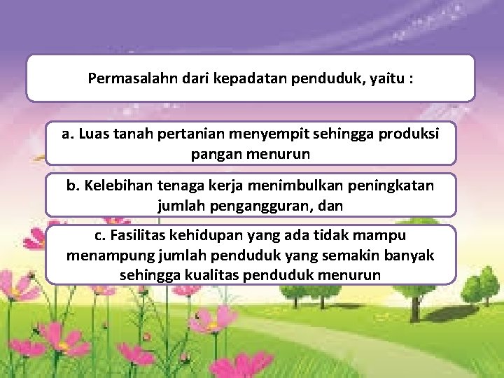 Permasalahn dari kepadatan penduduk, yaitu : a. Luas tanah pertanian menyempit sehingga produksi pangan