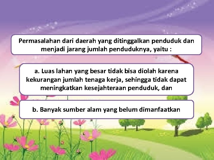 Permasalahan dari daerah yang ditinggalkan penduduk dan menjadi jarang jumlah penduduknya, yaitu : a.