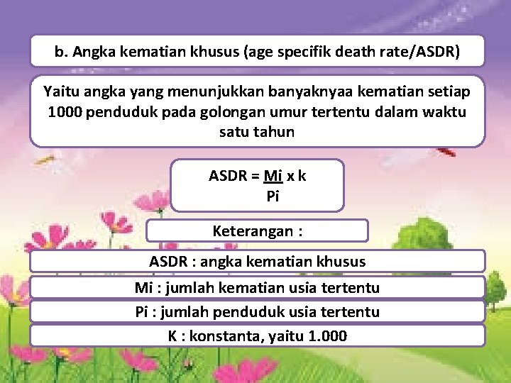 b. Angka kematian khusus (age specifik death rate/ASDR) Yaitu angka yang menunjukkan banyaknyaa kematian