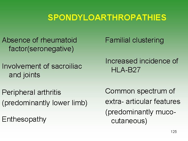 SPONDYLOARTHROPATHIES Absence of rheumatoid factor(seronegative) Involvement of sacroiliac and joints Peripheral arthritis (predominantly lower