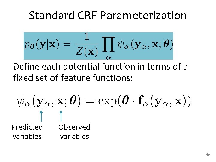 Standard CRF Parameterization Define each potential function in terms of a fixed set of