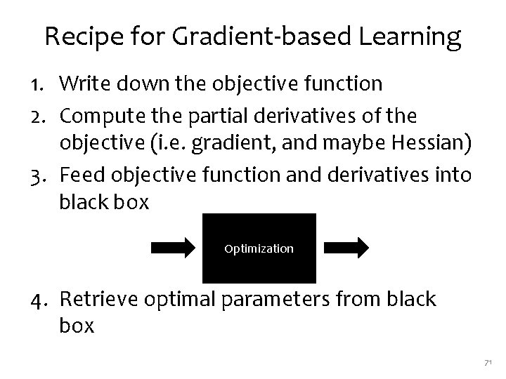Recipe for Gradient-based Learning 1. Write down the objective function 2. Compute the partial