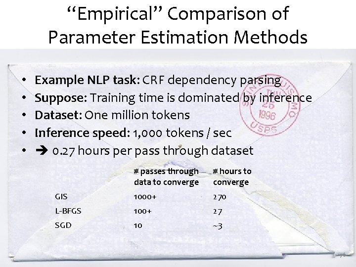 “Empirical” Comparison of Parameter Estimation Methods • • • Example NLP task: CRF dependency