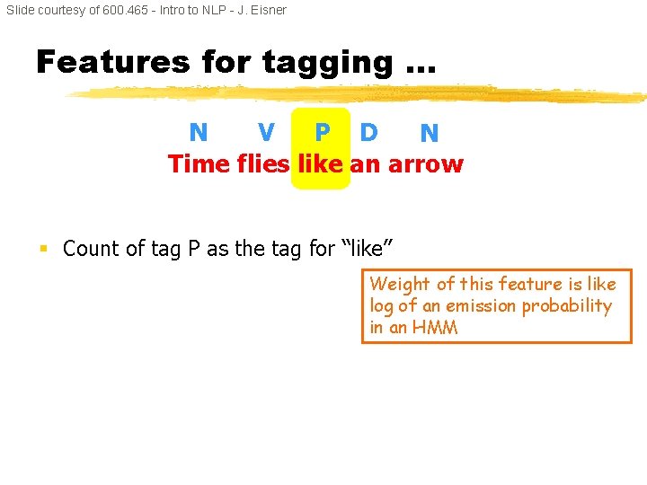 Slide courtesy of 600. 465 - Intro to NLP - J. Eisner Features for