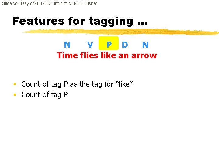 Slide courtesy of 600. 465 - Intro to NLP - J. Eisner Features for