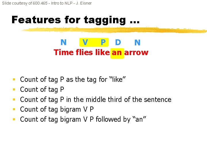 Slide courtesy of 600. 465 - Intro to NLP - J. Eisner Features for