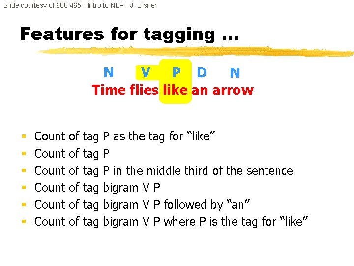 Slide courtesy of 600. 465 - Intro to NLP - J. Eisner Features for