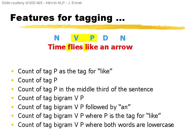 Slide courtesy of 600. 465 - Intro to NLP - J. Eisner Features for