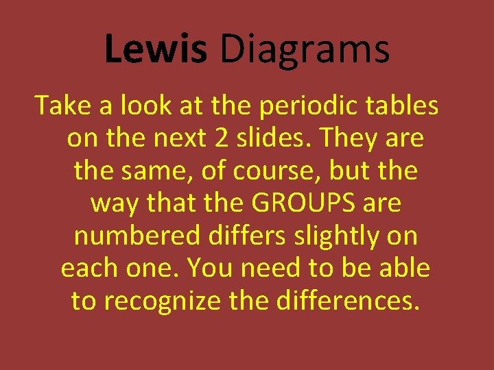Lewis Diagrams Take a look at the periodic tables on the next 2 slides.