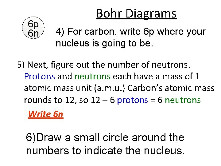 6 p 6 n Bohr Diagrams 4) For carbon, write 6 p where your