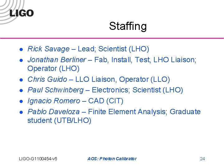 Staffing l l l Rick Savage – Lead; Scientist (LHO) Jonathan Berliner – Fab,