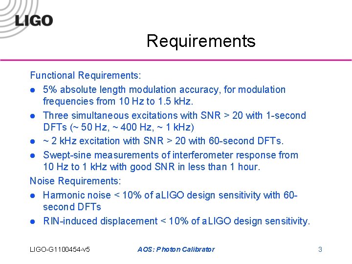 Requirements Functional Requirements: l 5% absolute length modulation accuracy, for modulation frequencies from 10