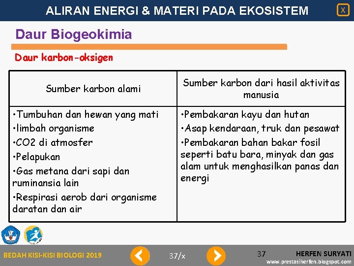 ALIRAN ENERGI & MATERI PADA EKOSISTEM X Daur Biogeokimia Daur karbon-oksigen Sumber karbon alami