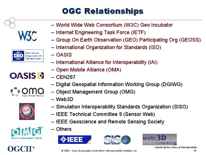 OGC Relationships – – – – OGCII World Wide Web Consortium (W 3 C)