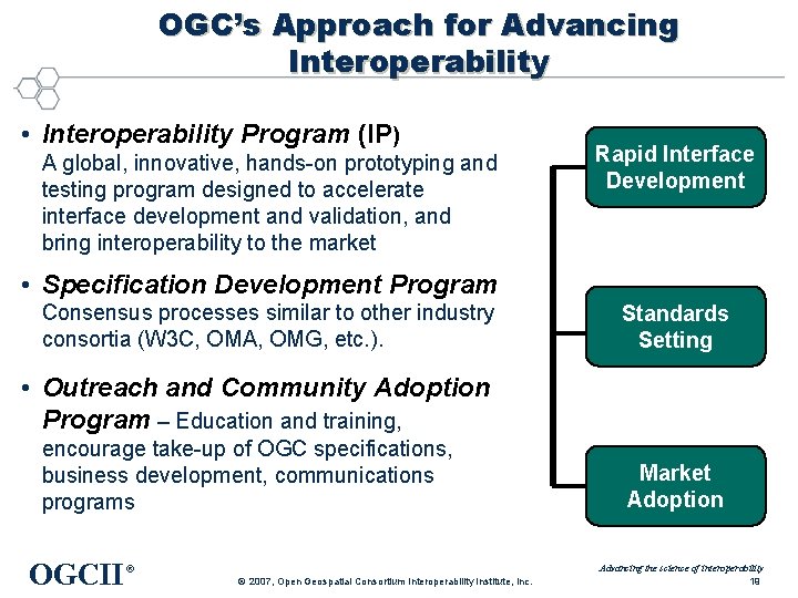 OGC’s Approach for Advancing Interoperability • Interoperability Program (IP) A global, innovative, hands-on prototyping