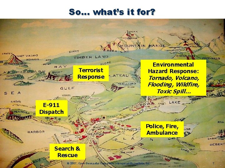 So… what’s it for? Terrorist Response Environmental Hazard Response: Tornado, Volcano, Flooding, Wildfire, Toxic