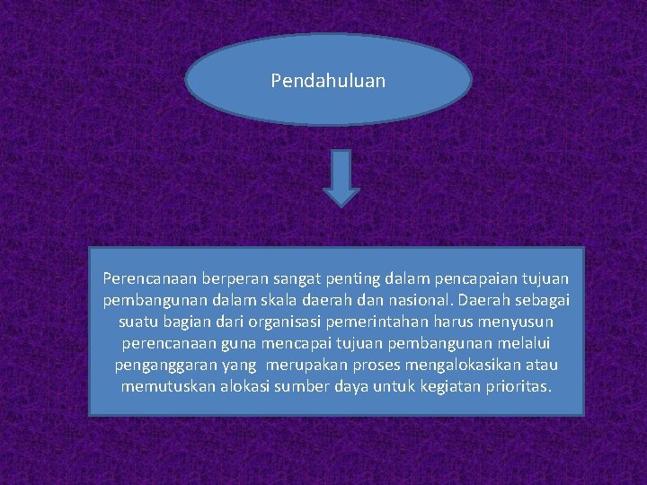 Pendahuluan Perencanaan berperan sangat penting dalam pencapaian tujuan pembangunan dalam skala daerah dan nasional.