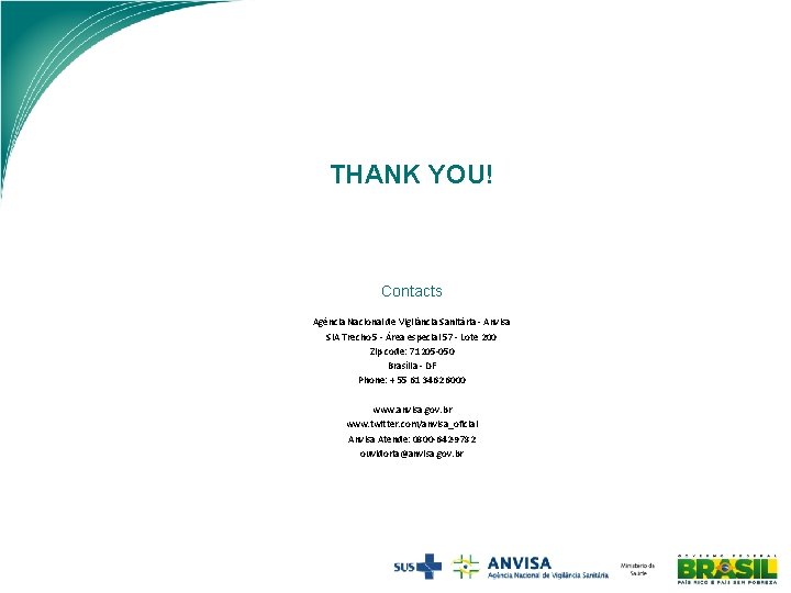 THANK YOU! Contacts Agência Nacional de Vigilância Sanitária - Anvisa SIA Trecho 5 -