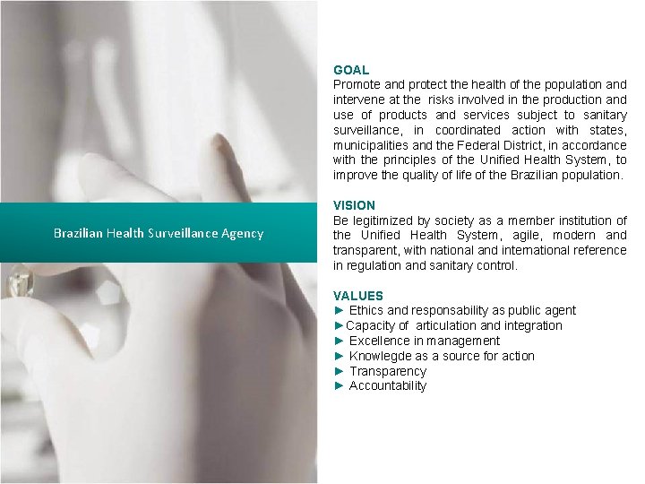 Brazilian Health Surveillance Agency GOAL Promote and protect the health of the population and