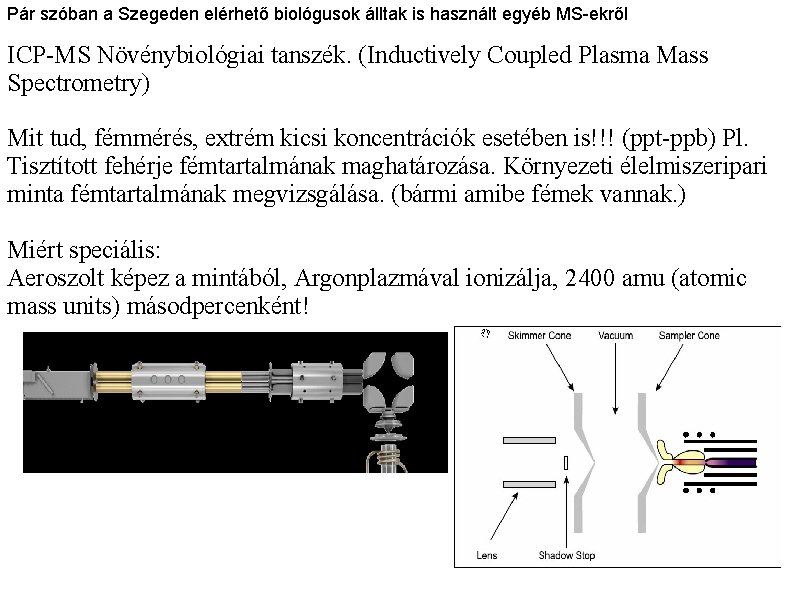 Pár szóban a Szegeden elérhető biológusok álltak is használt egyéb MS-ekről ICP-MS Növénybiológiai tanszék.