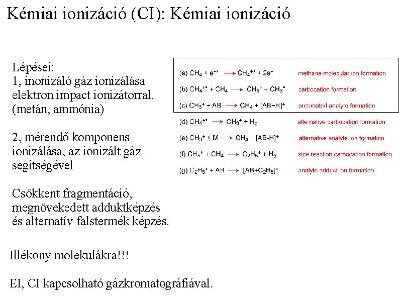 Kémiai ionizáció (CI): Kémiai ionizáció Lépései: 1, inonizáló gáz ionizálása elektron impact ionizátorral. (metán,