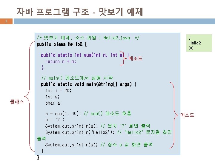 자바 프로그램 구조 - 맛보기 예제 2 /* 맛보기 예제. 소스 파일 : Hello