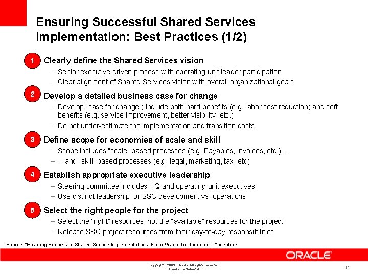 Ensuring Successful Shared Services Implementation: Best Practices (1/2) 1 • Clearly define the Shared
