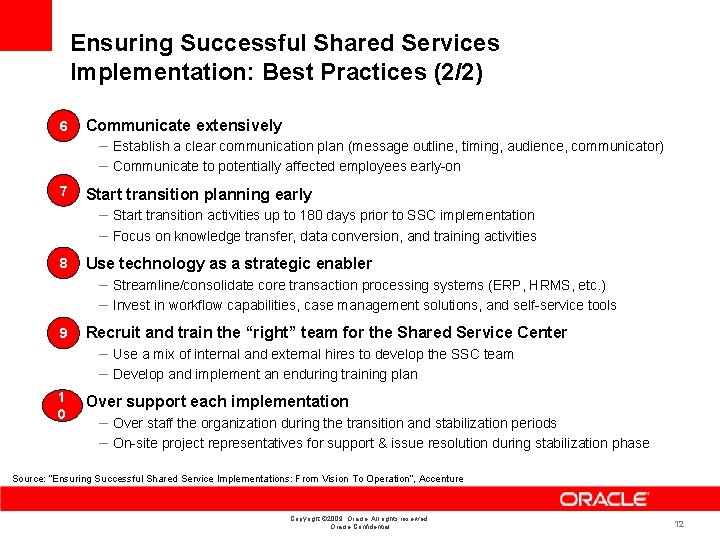 Ensuring Successful Shared Services Implementation: Best Practices (2/2) 6 • Communicate extensively – Establish