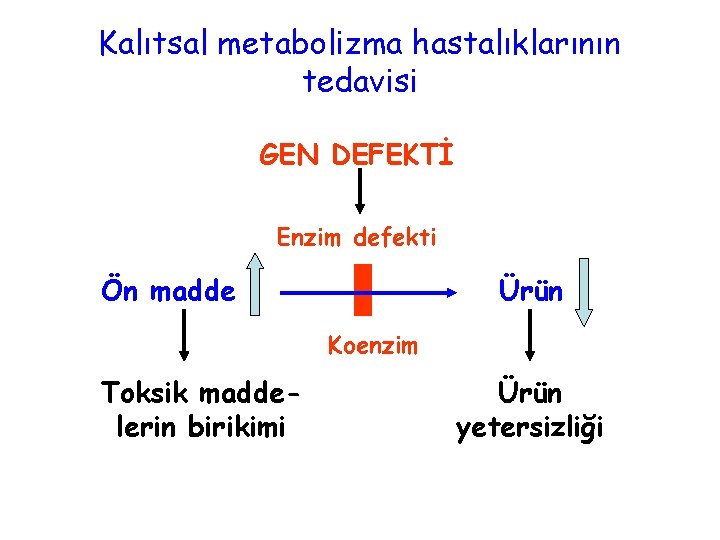 Kalıtsal metabolizma hastalıklarının tedavisi GEN DEFEKTİ Enzim defekti Ön madde Ürün Koenzim Toksik maddelerin