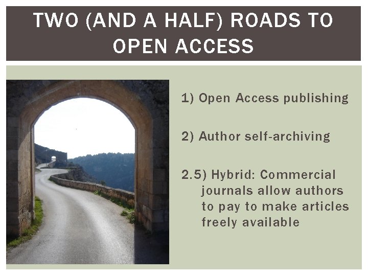 TWO (AND A HALF) ROADS TO OPEN ACCESS 1) Open Access publishing 2) Author