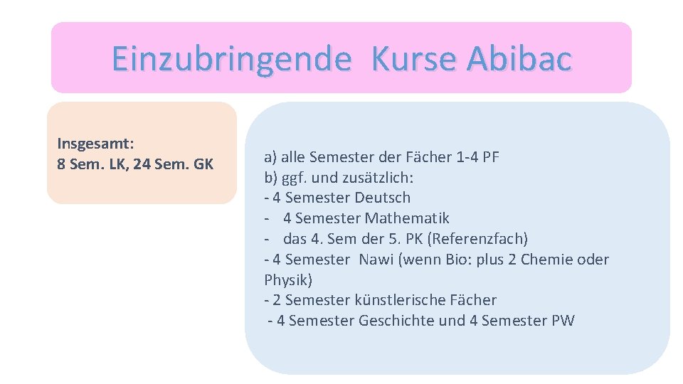 Einzubringende Kurse Abibac Insgesamt: 8 Sem. LK, 24 Sem. GK a) alle Semester der