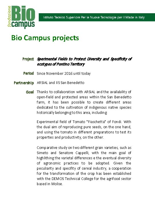 Bio Campus projects Project Sperimental Fields to Protect Diversity and Specificity of ecotypes of