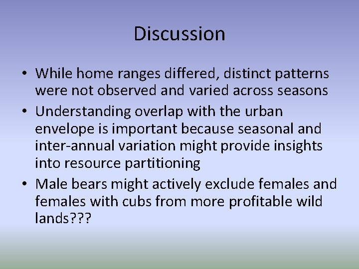 Discussion • While home ranges differed, distinct patterns were not observed and varied across