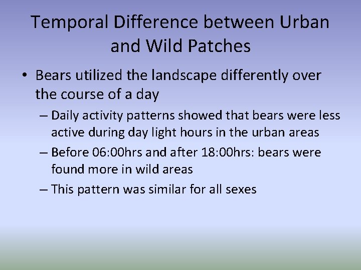 Temporal Difference between Urban and Wild Patches • Bears utilized the landscape differently over