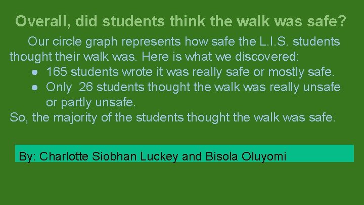 Overall, did students think the walk was safe? Our circle graph represents how safe