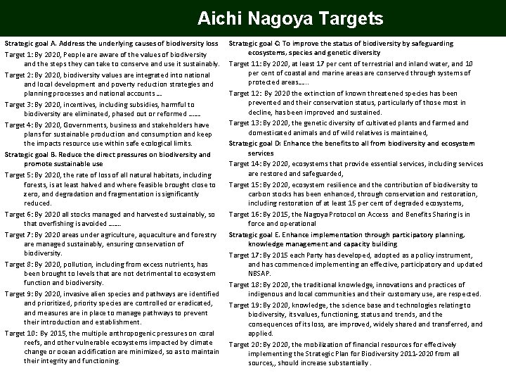 Aichi Nagoya Targets Strategic goal A. Address the underlying causes of biodiversity loss Target Aichi Nagoya Targets Strategic goal A. Address the underlying causes of biodiversity loss Target