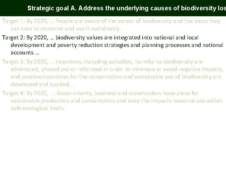 Strategic goal A. Address the underlying causes of biodiversity los Target 1: By 2020, Strategic goal A. Address the underlying causes of biodiversity los Target 1: By 2020,