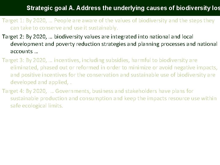 Strategic goal A. Address the underlying causes of biodiversity los Target 1: By 2020,