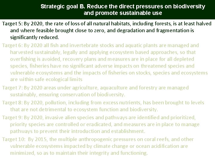 Strategic goal B. Reduce the direct pressures on biodiversity and promote sustainable use Target
