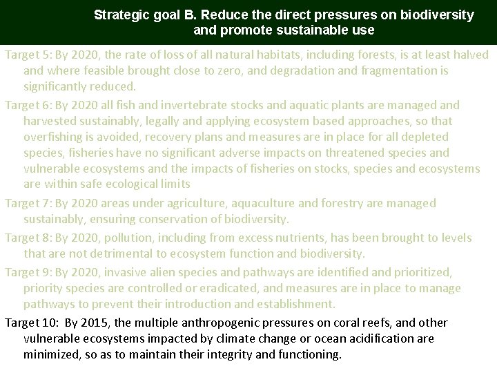 Strategic goal B. Reduce the direct pressures on biodiversity and promote sustainable use Target