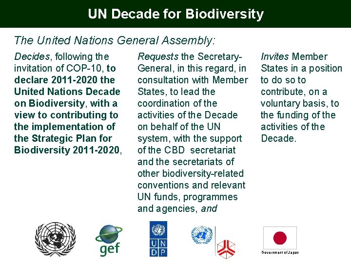 UN Decade for Biodiversity The United Nations General Assembly: Decides, following the invitation of