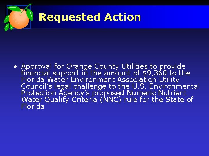 Requested Action • Approval for Orange County Utilities to provide financial support in the