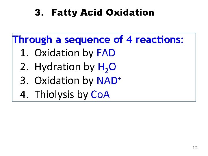 3. Fatty Acid Oxidation Through a sequence of 4 reactions: 1. 2. 3. 4.