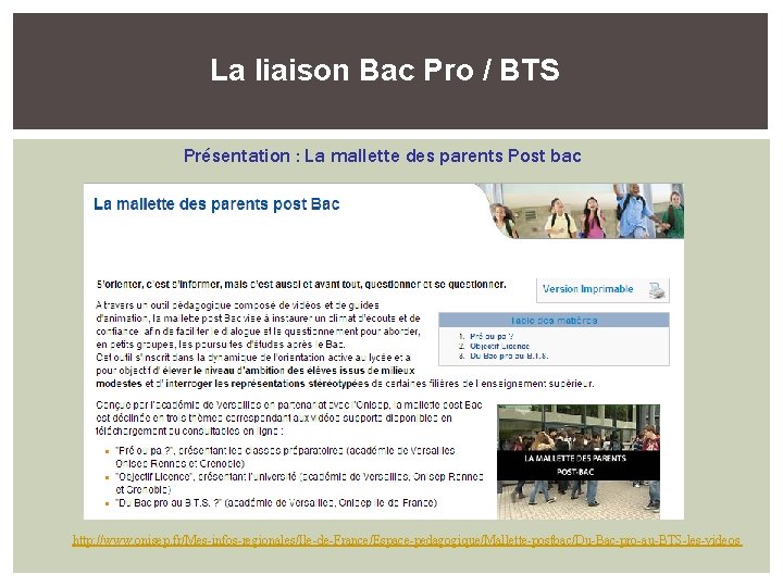 La liaison Bac Pro / BTS Présentation : La mallette des parents Post bac